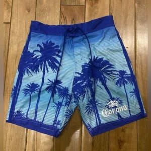 Corona Extra Blue Beach Palm Trees Mesh Lined Board Shorts Swim Trunks Men’s S.